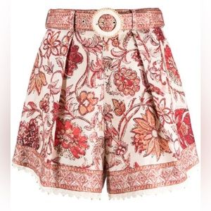 Zimmermann Vitali Floral Belted Scallop-Trim Shorts